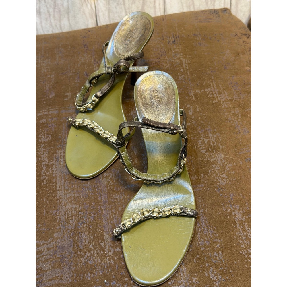 Gucci Womens Olive Green Leather Chain Link Strappy Stiletto Heel Sandals 8.5B - Picture 6 of 8